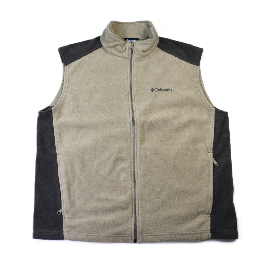 Columbia Mens Fleece Vest XL Tan Gray Full Zip Colorblock Hiking Outdoor Layer